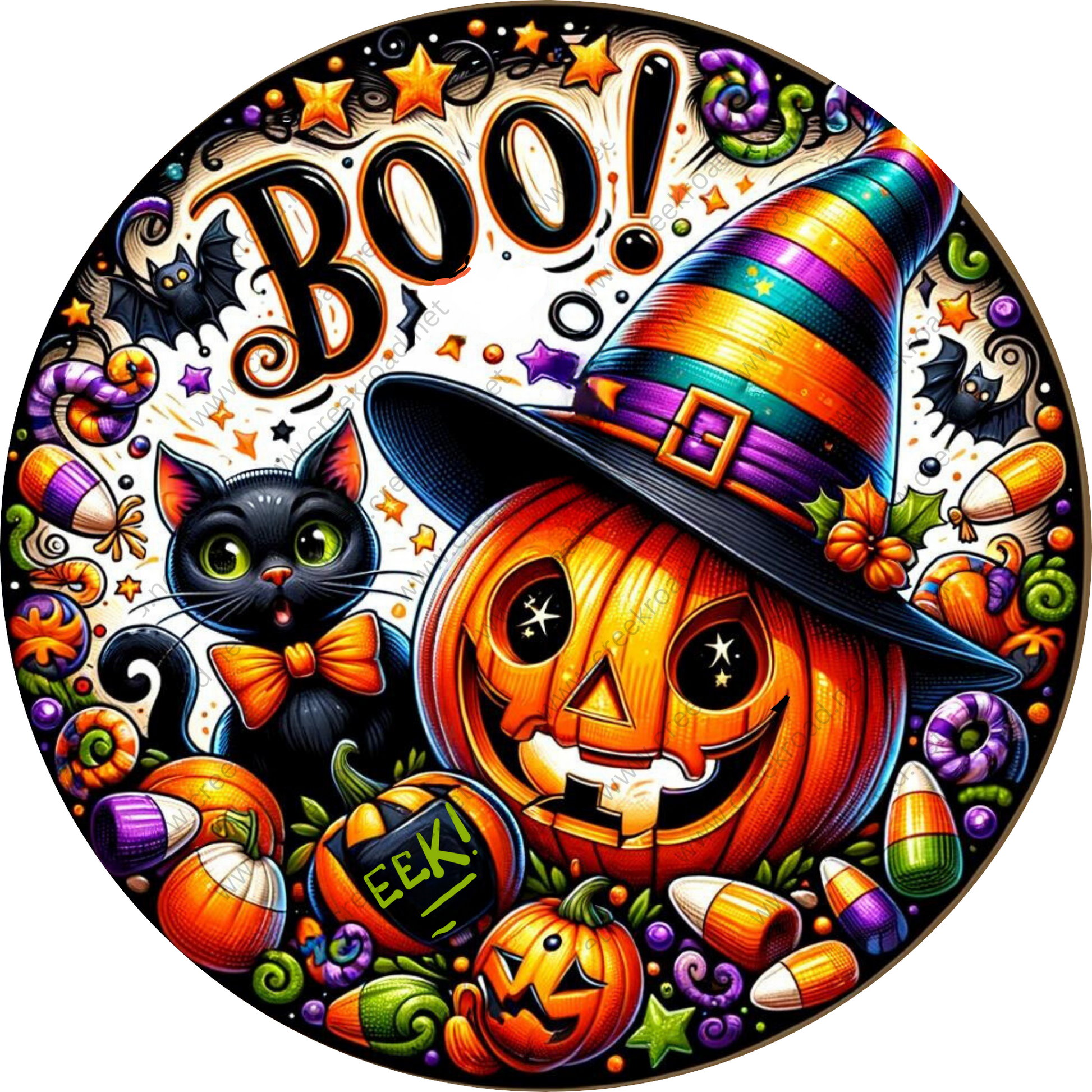 a halloween themed plate with a cat and a witch's hat