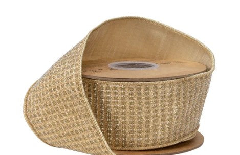 A roll of beige, woven ribbon with a textured pattern.