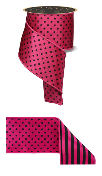 a pink and black polka dot ribbon, with the ribbon appearing to be a decorative piece.
