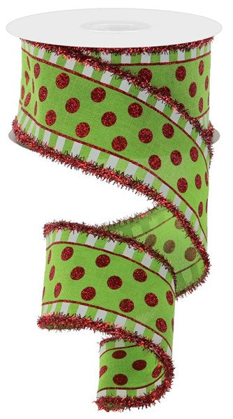 a roll of green and red polka dot ribbon