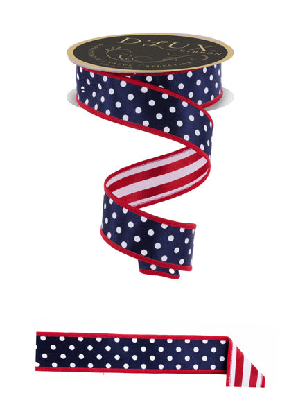 a roll of red, white and blue polka dot ribbon