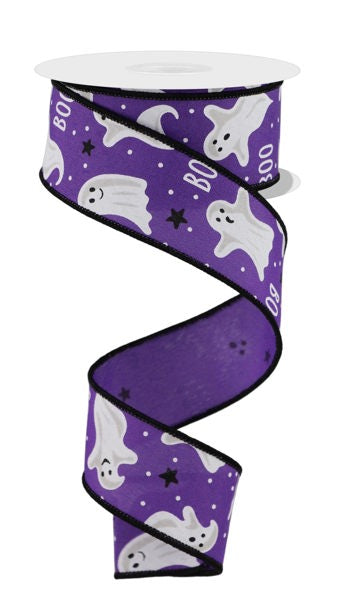 a purple halloween ribbon with ghost and ghost faces on it