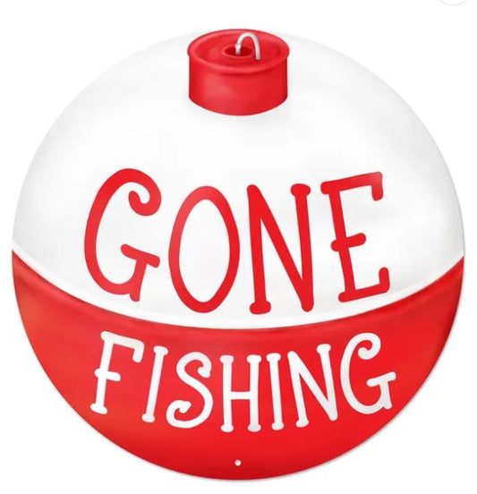 A red and white sign with the text "GONE FISHING" written on it.