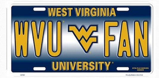 A license plate with the text "WVU FAN UNIVERSITY" printed on it, indicating that it is a vehicle registration plate for West Virginia University fans.