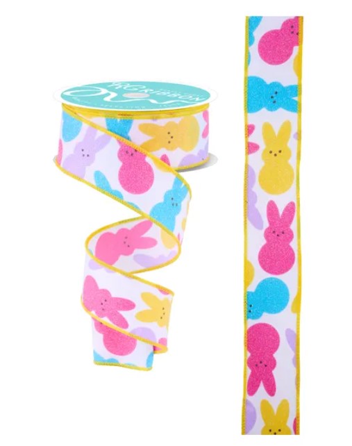 a roll of Easter bunny-themed ribbon with a colorful pattern of pink, yellow, and blue bunny shapes.