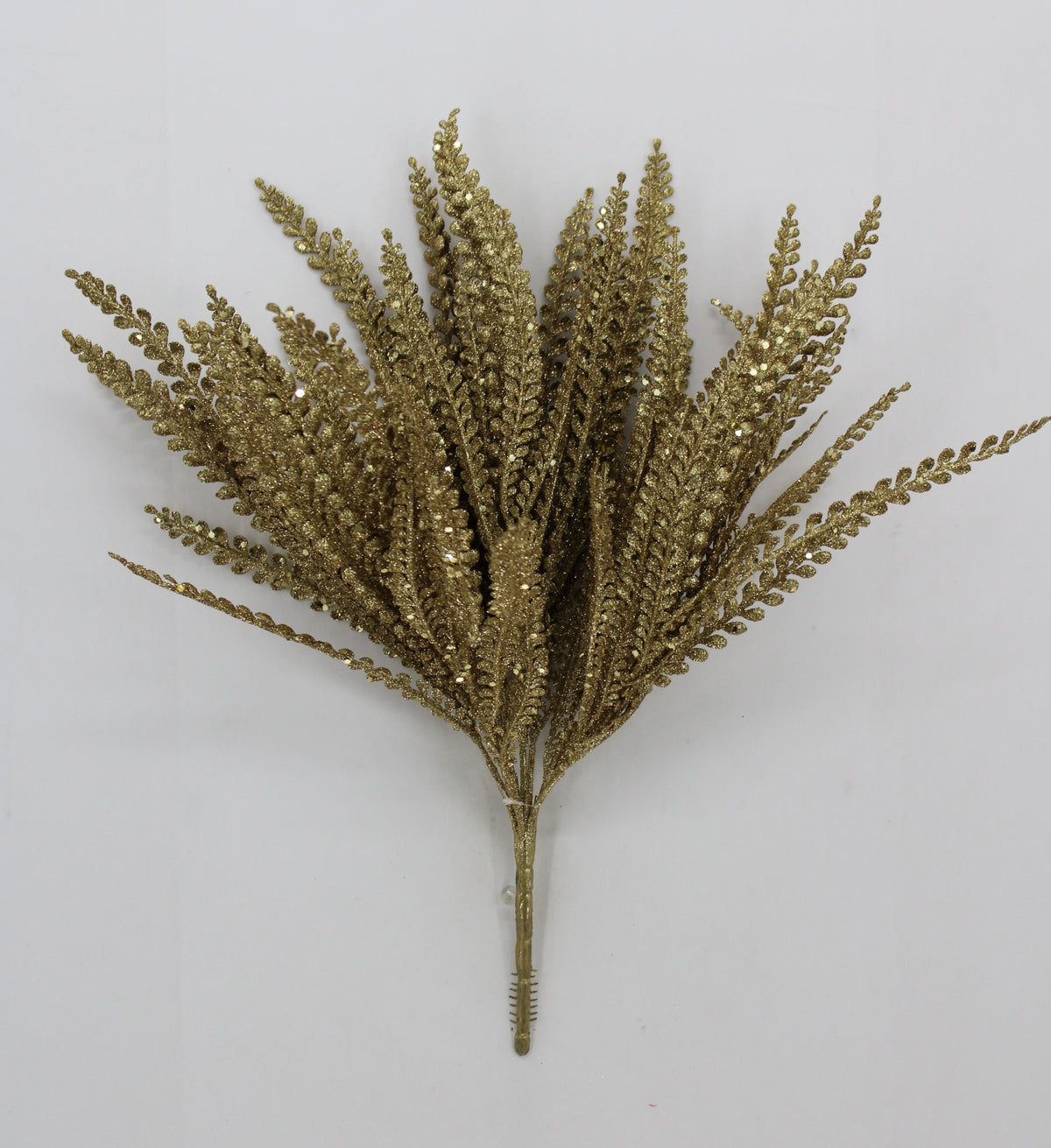 A cluster of golden fern-like leaves or branches against a white background.