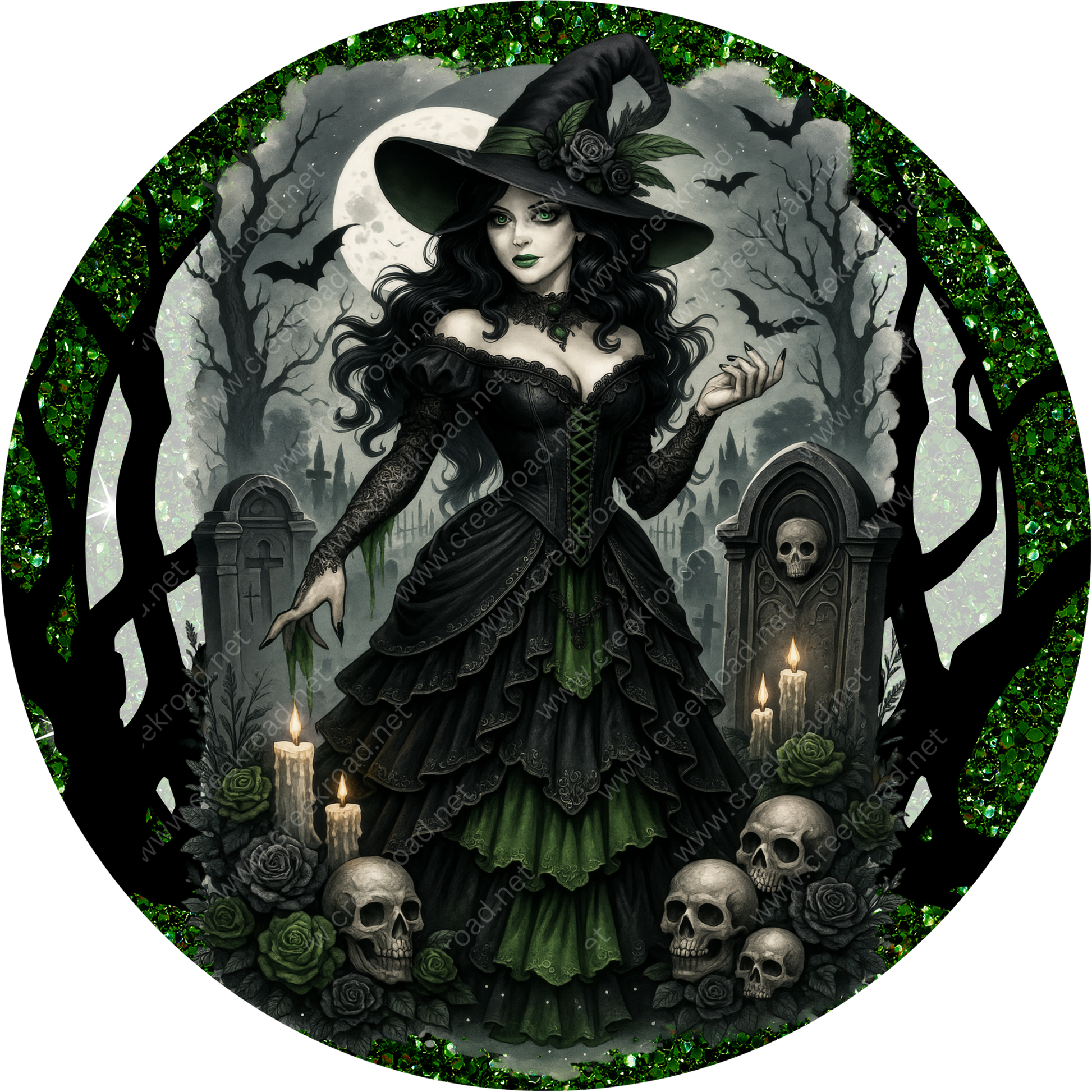 A dark, gothic-inspired illustration depicting a woman in a long black dress with a pointed hat, surrounded by skulls, candles, and a moonlit forest.
