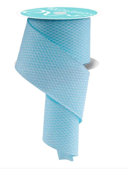 A roll of turquoise ribbon with a white pattern on it, displayed against a white background.