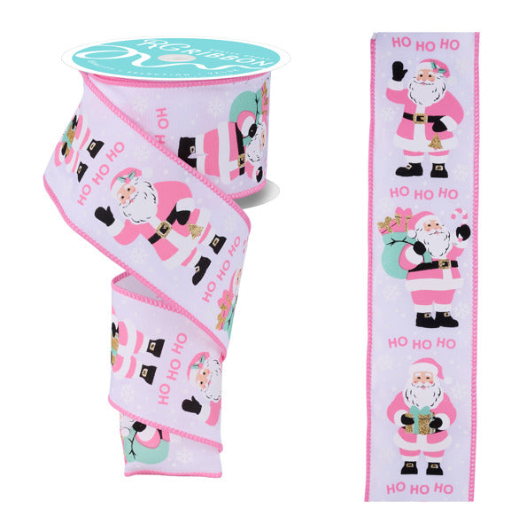 a pink ribbon with a repeating pattern of Santa Claus and snowflakes.