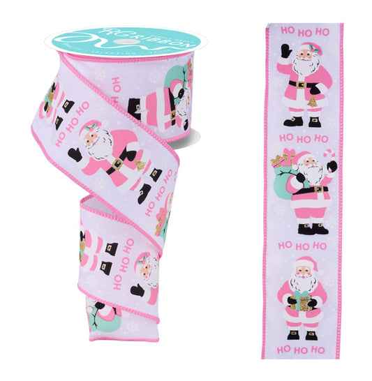 a pink ribbon with a repeating pattern of Santa Claus and snowflakes.