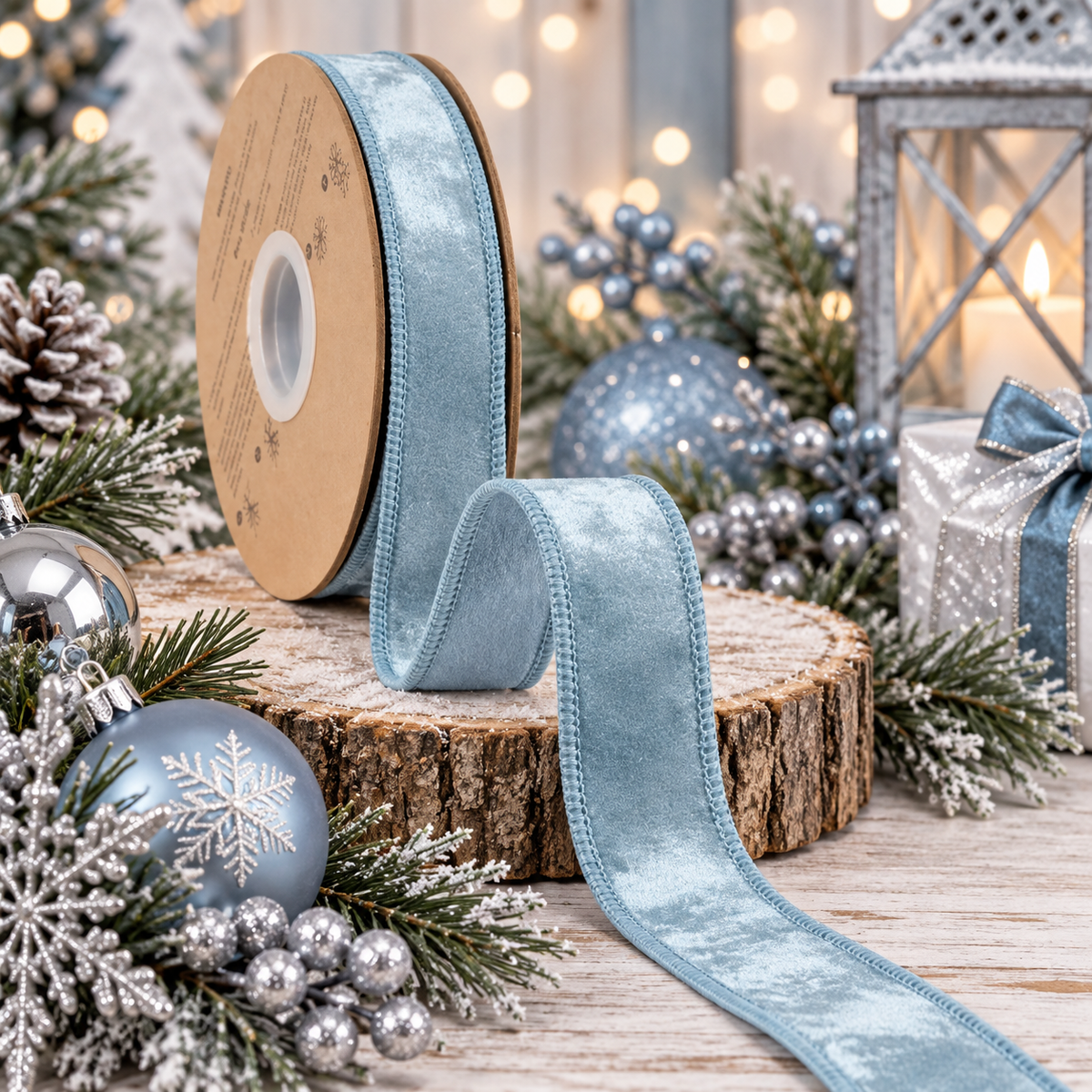 A blue velvet ribbon is displayed on a wooden stump, surrounded by Christmas decorations such as ornaments, pine cones, and a lantern.