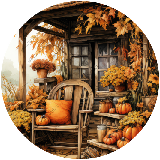 a painting of a porch with a chair and pumpkins