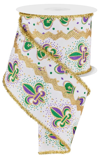 A roll of decorative ribbon with a pattern of green and purple fleur-de-lis flowers and gold accents.
