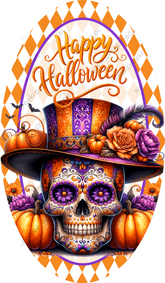 a skull wearing a top hat and holding a pumpkin