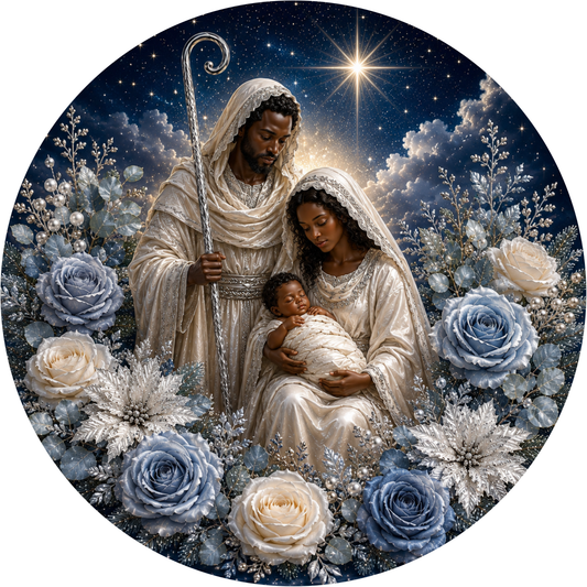 a religious scene with a man, a woman, and a baby, all dressed in white robes and surrounded by flowers and a starry night sky.