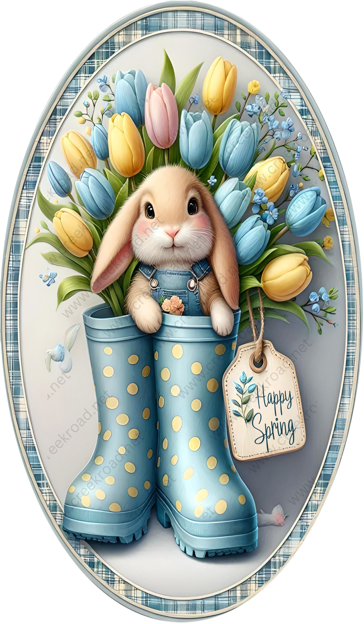 A bunny wearing overalls sits in a pair of polka dot rain boots, surrounded by a bouquet of colorful tulips and blue flowers, with a "Happy Spring" sign attached to the boots.