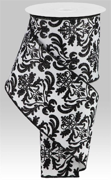 a black and white damask pattern with a white background.