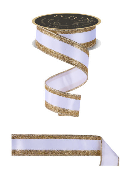 a ribbon with a white and gold color scheme, and it appears to be a decorative or festive item.