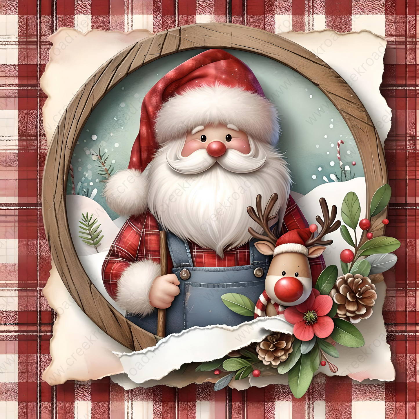 a christmas card with a santa clause holding a reindeer