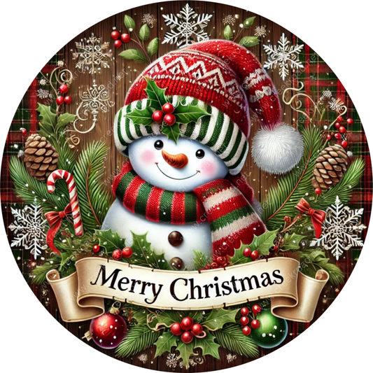 A cheerful snowman wearing a red and white striped hat, surrounded by festive Christmas decorations such as pine cones, berries, and a banner that reads "Merry Christmas".