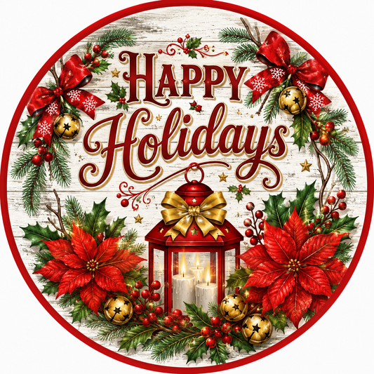 A festive holiday wreath with red poinsettias, gold bells, and a lantern, surrounded by greenery and berries, with the text "Happy Holidays" displayed prominently.