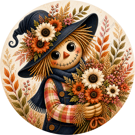 A whimsical illustration of a scarecrow holding a bouquet of colorful flowers, surrounded by autumn foliage.