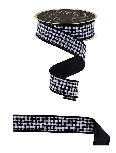 A black and white gingham ribbon with a gold label, and a smaller piece of the same ribbon.