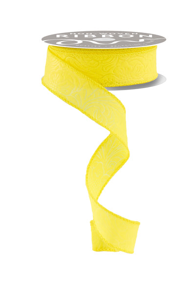 A yellow ribbon with a floral pattern is shown against a white background.