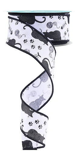 A black and white cat-themed ribbon with paw prints and silhouettes of cats.