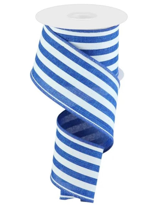 A roll of blue and white striped ribbon.