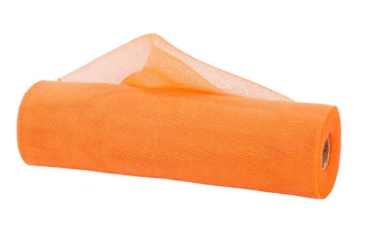 a roll of orange mesh or burlap material against a white background.