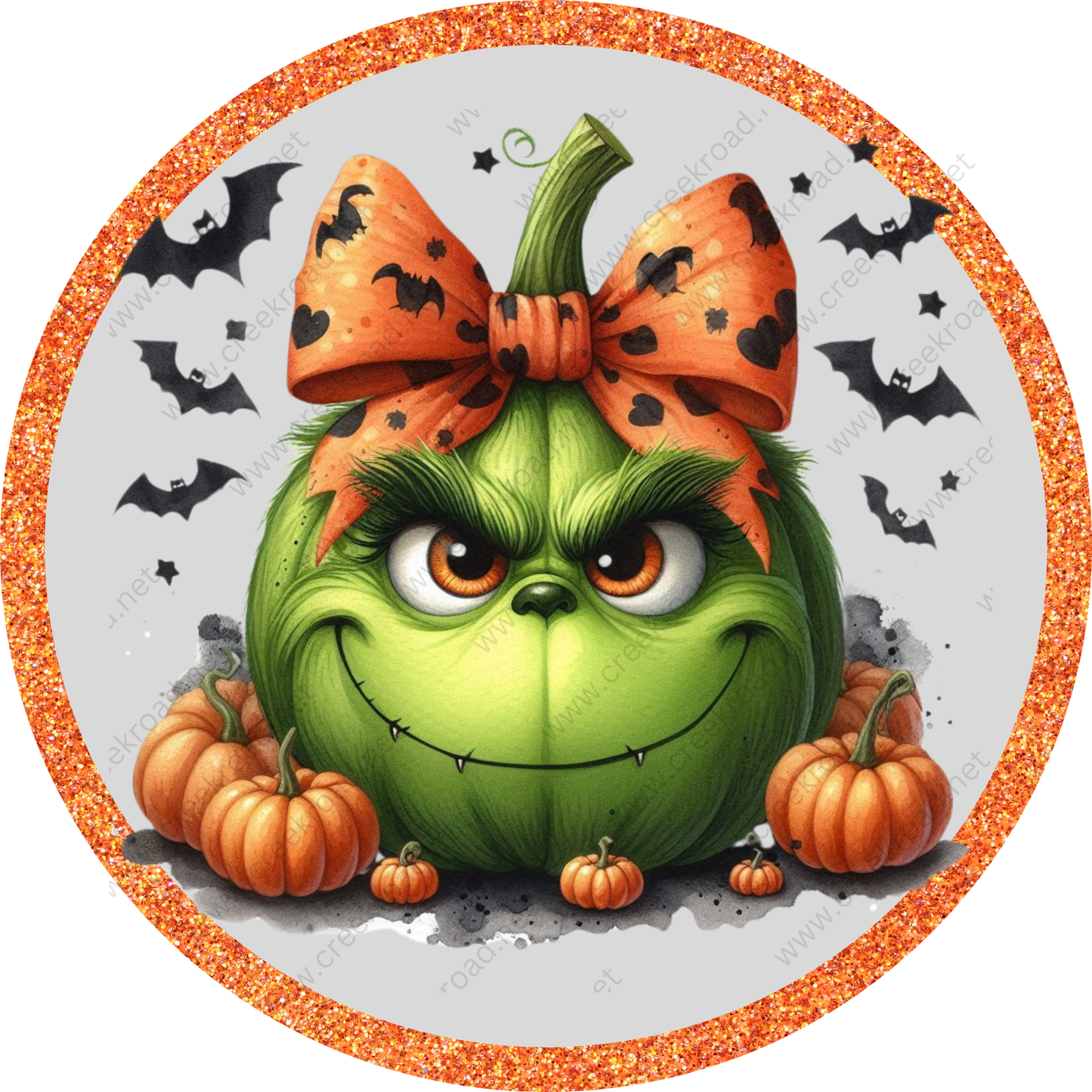 a green pumpkin with a bow on it's head
