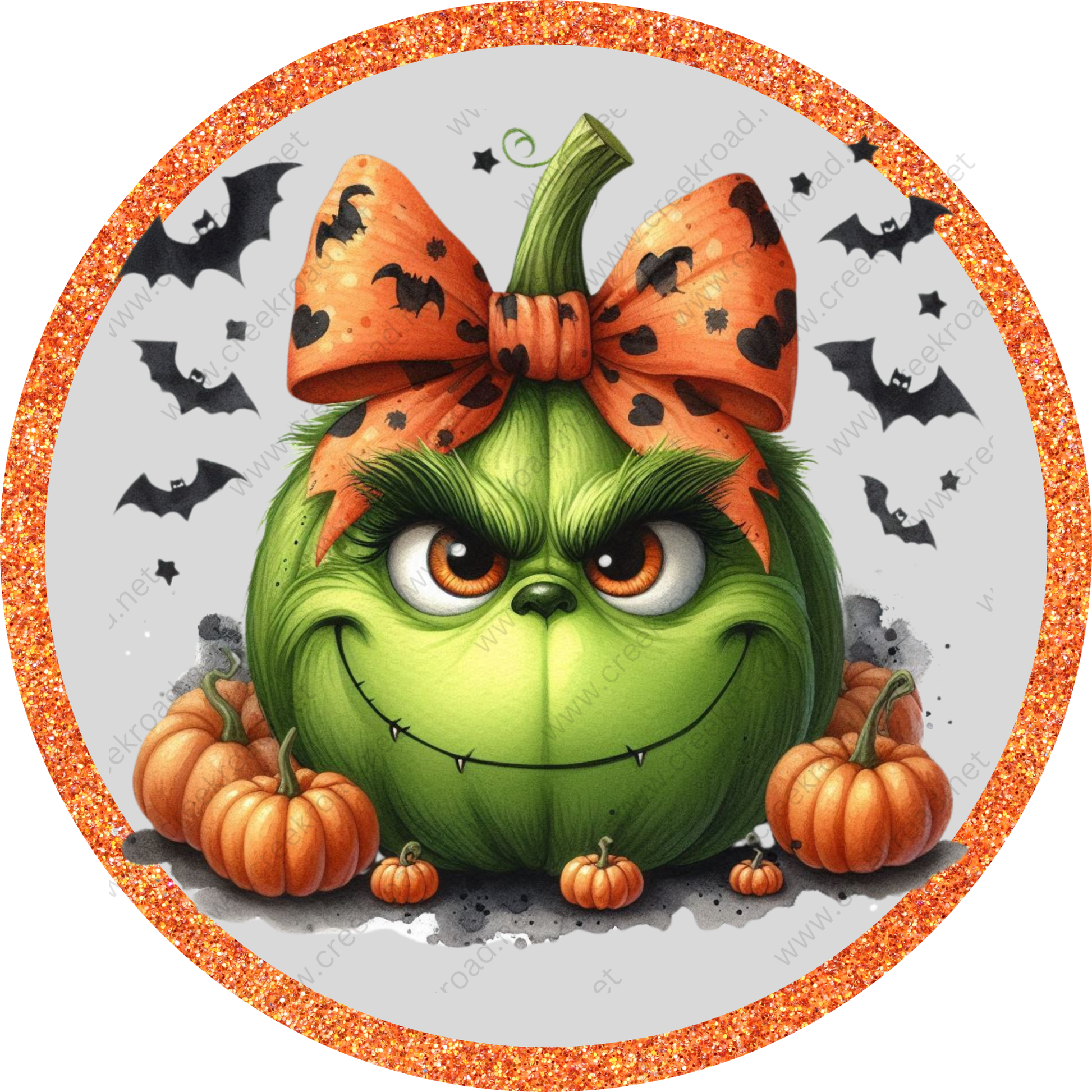 a green pumpkin with a bow on it's head