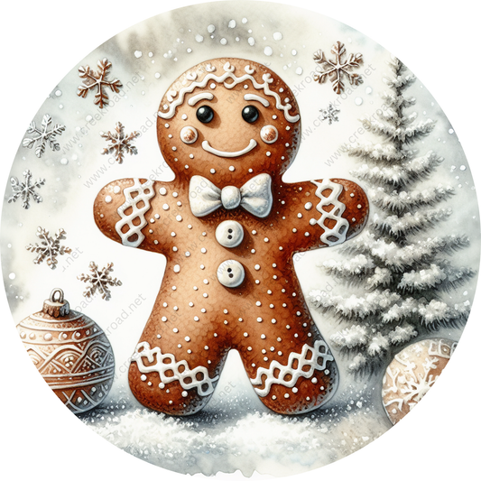A gingerbread man figure is surrounded by snowflakes, Christmas decorations, and a pine tree, creating a festive winter scene.