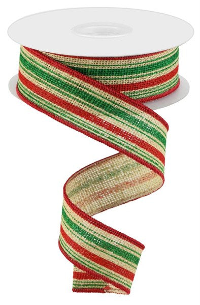 a roll of red, green and white striped ribbon