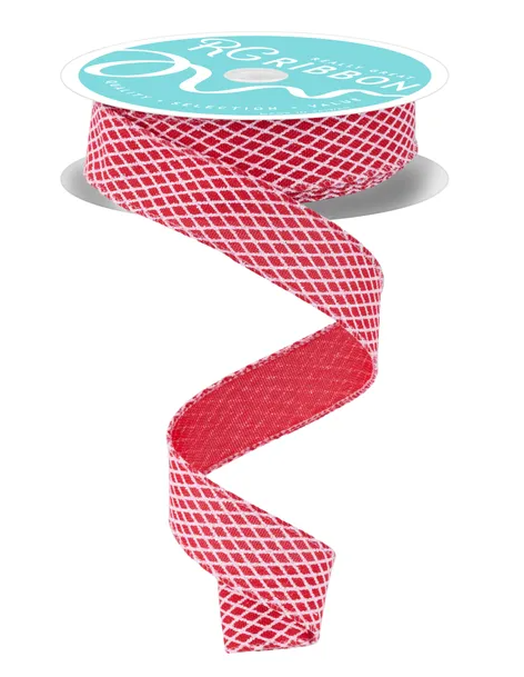 A roll of red and white diamond-patterned ribbon with a turquoise label.