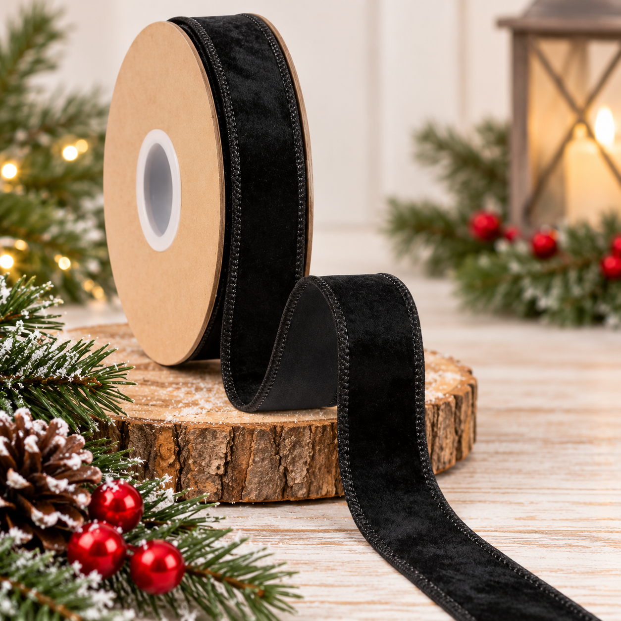A roll of black velvet ribbon is displayed on a wooden surface, surrounded by pine branches, red berries, and a lantern in the background.