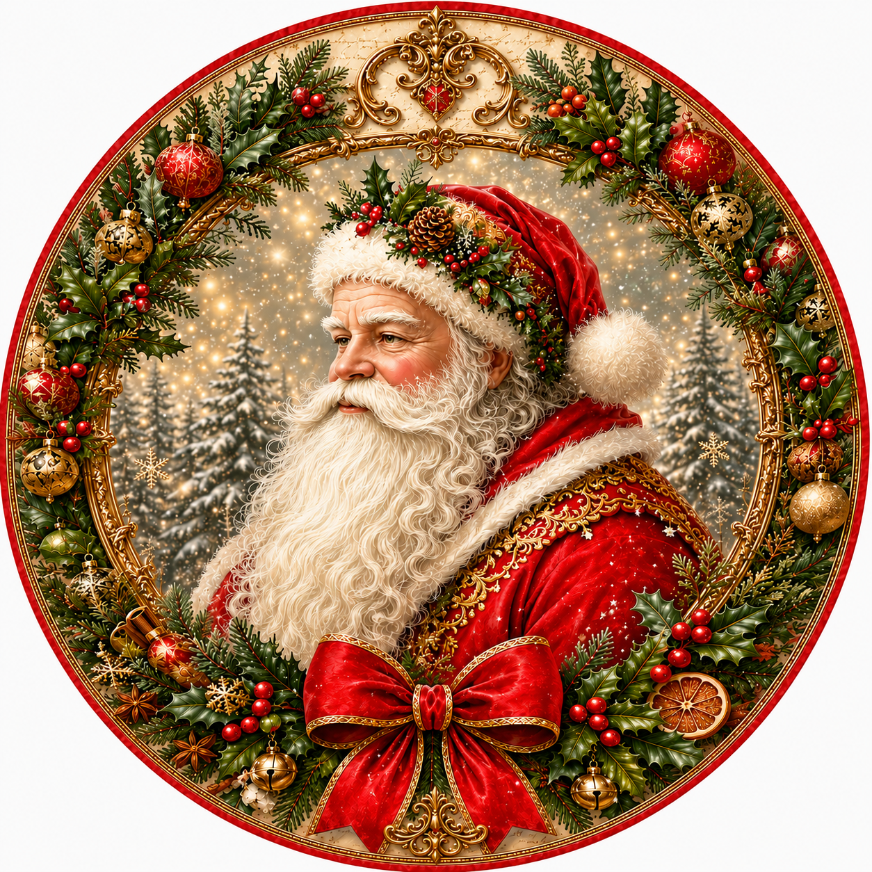 Santa Claus in a wreath, surrounded by Christmas decorations and ornaments.