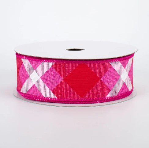 a pink and white plaid ribbon on a white background