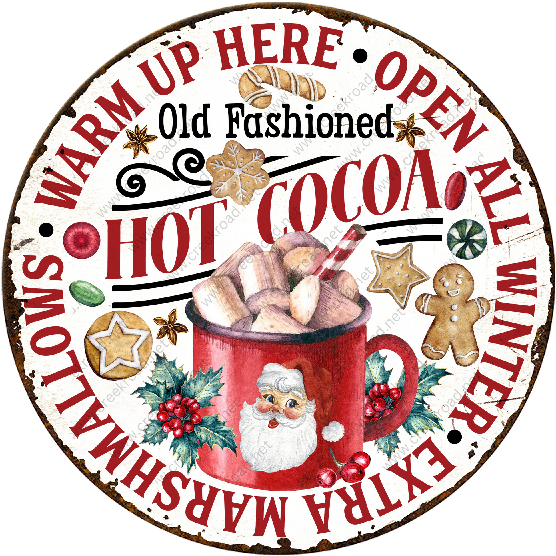 an old fashioned hot cocoa sign with a santa clause