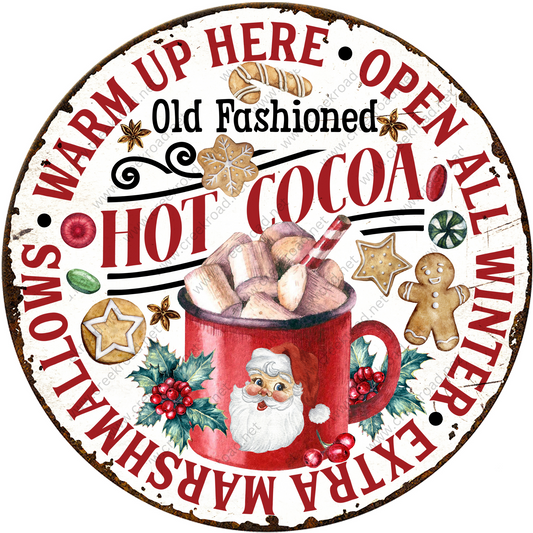 an old fashioned hot cocoa sign with a santa clause