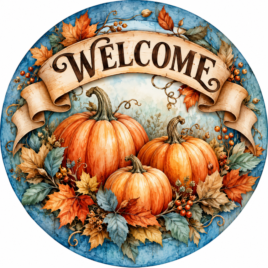Welcome Fall Pumpkins Blue Background Wreath Sign