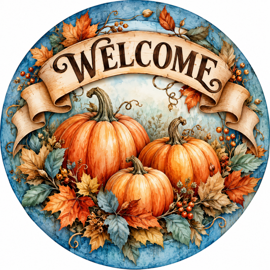 Welcome Fall Pumpkins Blue Background Wreath Sign