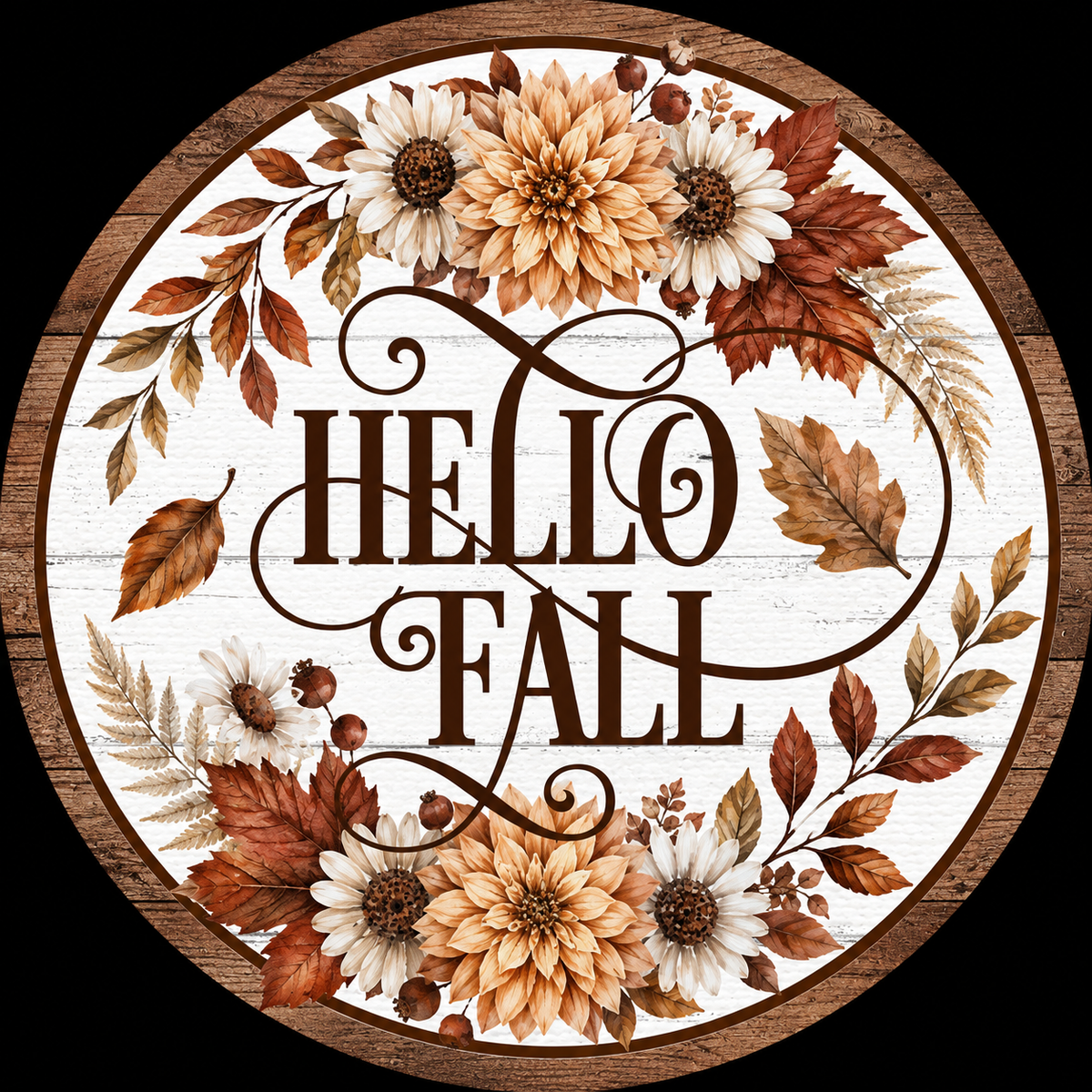 Hello Fall Foliage on White Shiplap Brown Border Wreath Sign