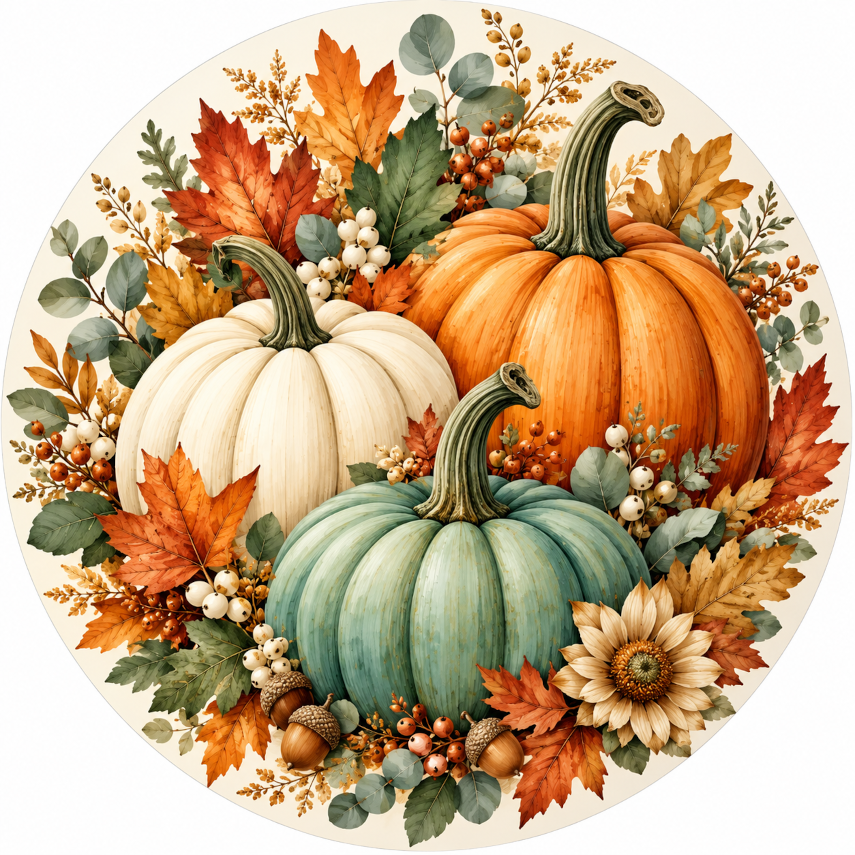 Sage White Orange Pumpkins with Fall Leaves Sign