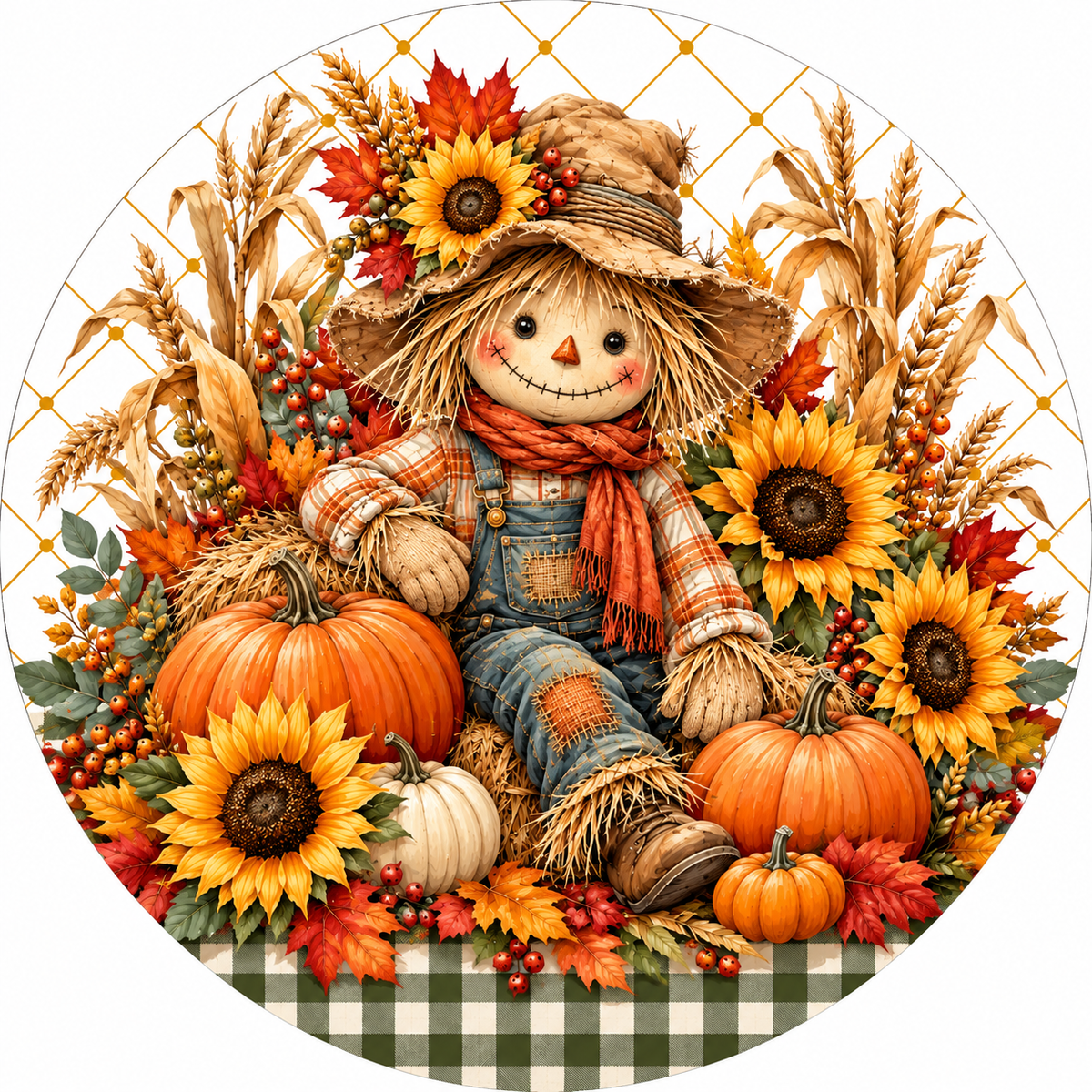 Cute Boy Scarecrow in Sunflower Pumpkin Patch Wreath Sign