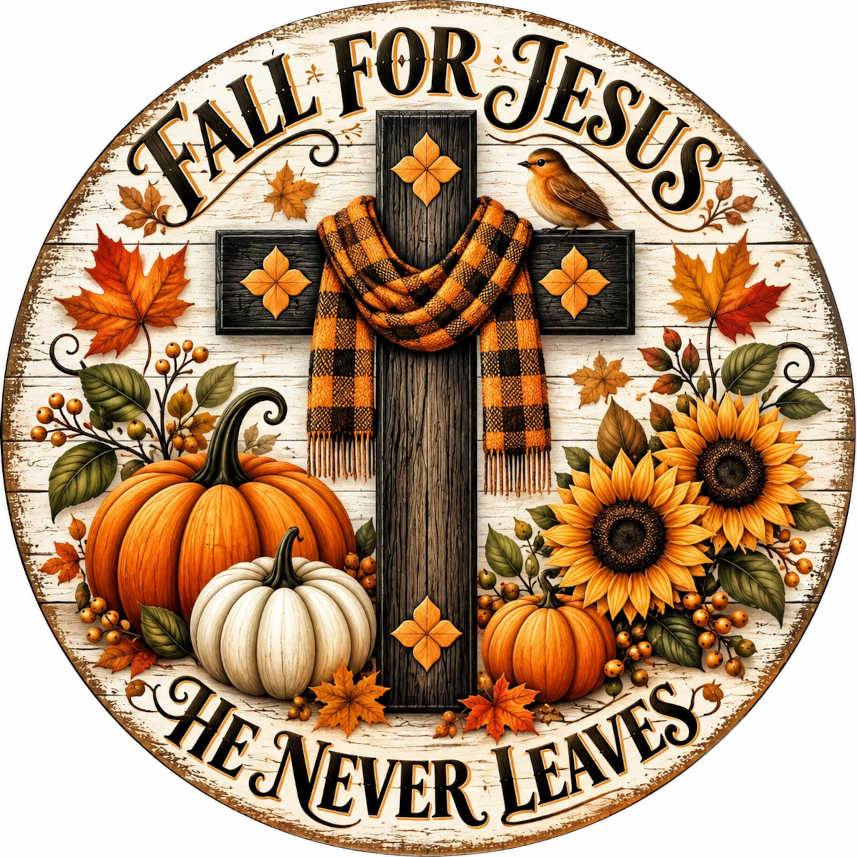 Fall For Jesus He Never Leaves Distressed Background Fall Autumn Sublimated Wreath Sign