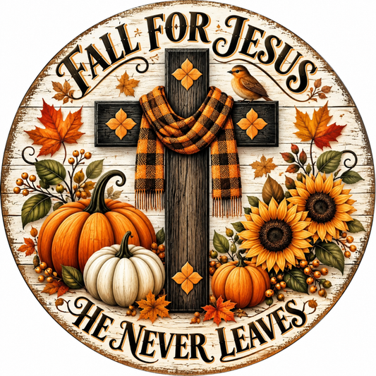Fall For Jesus He Never Leaves Distressed Background Fall Autumn Sublimated Wreath Sign