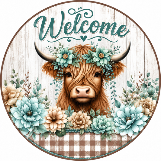 Welcome Highland Cow Brown Checkered Wreath Sign