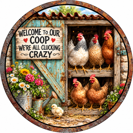 Welcome To Our Coop We're All Clucking Crazy Wreath Sign